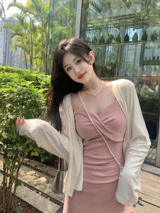 Plus Size Loose-Fit French Strap Pink Belly Covering Slim Looking Dress Special-Interest Design Chubby Girl Waist Tight Sweet and Spicy Dress