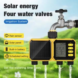 Solar 4-Way Irrigation Timer LCD Display Lawn Garden Watering Device Programmeable Irrigation Timing Controller with Rain Sensor