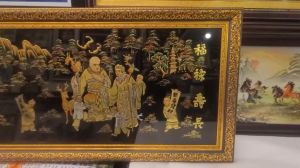 Tranh sơn mài đắp nổi thếp vàng" Mừng thọ Ông - thọ Bà - Song Thọ