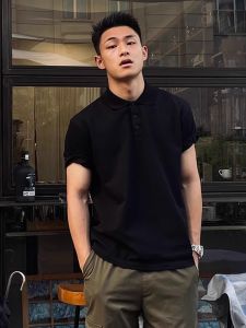 Black Pure Cotton Short Sleeve Polo Shirt Mens Summer Mature Stable Heavyweight T-Shirt Cleanfit Half Sleeve Loose Fit Teenager