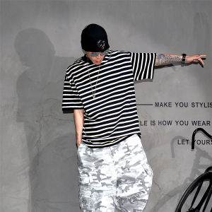 Heavyweight Pure Cotton Oversize Loose Fit Short Sleeve T-Shirt Mens Trendy Brand Summer Breathable Comfortable Stripe Pattern