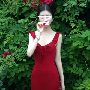 LIRUSHAN | Red French Style Flared Sleeve Pencil Dress