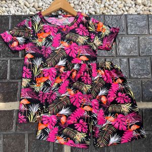 ชุดเด็ก แขนสั้นขาสั้น ชุดเที่ยวทะเล ชุดสงกรานต์ ผ้าไมโครนิ่มๆสีสดสีไม่ตก เด็กหญิงเด็กชายใส่ได้ ใบไม้นก