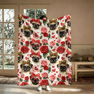 Pugs Glasses Red Roses Ultra-Soft Fluffy Flannel Blanket Super Cozy Lightweight Bed Blanket for Halloween Sofa Bed Christmas