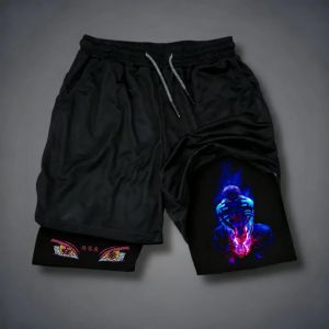 Bandai | Demon Slayer Mens Double-layer Shorts Akaza Summer Japanese Anime Fake Two-piece Sports Fitness Quick-drying Shorts