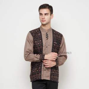 Baju Koko Pria Dewasa Lengan Panjang Warna Coklat Motif Jarilist Kombinasi Batik Elrumi Katun