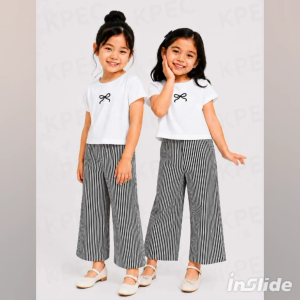 AA..Chic Striped Cotton-Blend T-Shirt & Wide-Leg Pants Set for Girls