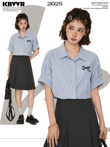 Blue Striped Short Sleeve Womens Shirt Summer French Loose Commute Polo Half Sleeve Top Shoulder Width Regular Length