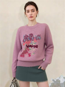 XIYUQI | Pink Round Collar Embroidered Knitted Sweater