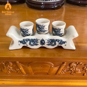 Bộ Kỷ Chén Nước Chén Thờ Cúng Bát Tràng Men Rạn Cao Cấp - Họa tiết Rồng Bộ ly nước cúng