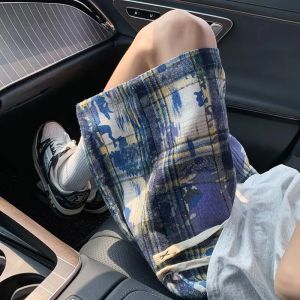 Green Tie-dye Plaid Shorts Mens Summer American Retro Large Size Loose Five-point Pants Trendy Sports Casual Pants Jorts Boxing
