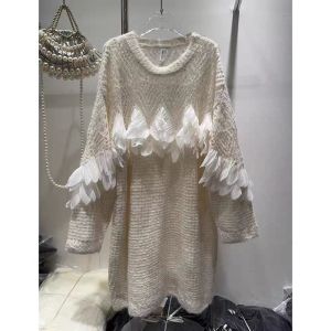 Ladies Mid-Length Oversized Knitted Sweater Spring Autumn Style Comfortable Plush Casual Fashion Backless Coat Flower Splicing