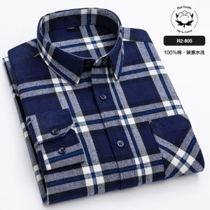 เสื้อเชิ้ตแขนยาวผู้ชายผ้าฝ้ายแท้ลายสก็อตสีแดงสด สไตล์ธุรกิจลำลอง ไซส์ใหญ่ ทรงพ่อ ทรงปกติ ปกเสื้อเชิ้ต