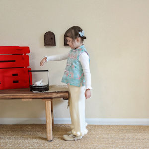 Girls Winter Cotton Vest Set Festive New Year Outfit Chinese Style Polyester Fiber Baby Clothes Single Button Closure Printed Design