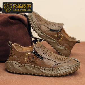 Mens Slip-On Shoes Lamb Leather Breathable Retro Hollow Bean Leisure Rubber Outsoles round Toe Flat Heel Summer Casual Shoes