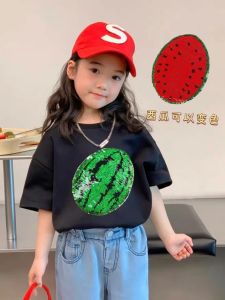 Girls Cotton Short Sleeve Color Changing Sequin T-Shirt Boys Loose Cartoon Print Top Summer Breathable Sweat Absorbent Kidswear
