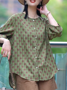 UYFY | Green Polka Dot Round Neck Seven Sleeve Womens Shirt Commute Fashion Summer New Style Versatile Large Size Top Uyfy Brand