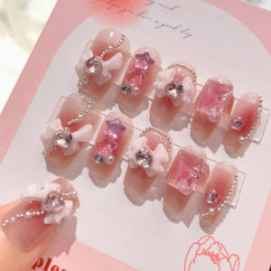 24pcs Cute Bowknots Press On Nails Blush Pink Short T Full Cover False Nails Star Shape Diamond Pearl Chain Decor Fake Nail Tips