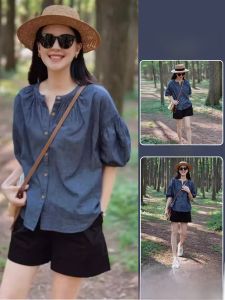 Denim Blue Shirt Female Stylish Niche Style Western Style Youthful-Looking Elegant Fancy French Puff Sleeve Top Female Summer