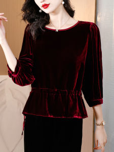 Fashionable Short Velvet Top Womens Autumn Wear Middle-Aged Moms Seven-Quarter Sleeve Shirt Petite Elegance Short Length