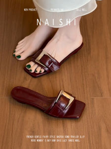 NAISHI | Lamb Leather French Style Square Toe Open Toe Slipper Sandals