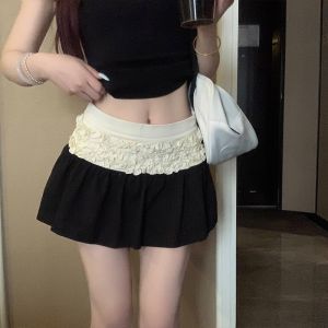 Váy Ngắn Chữ a Màu Đen Xếp Ly Cạp Cao Phong Cách Hàn Quốc Cho Nữ Mùa Hè 2025 Váy Ngắn Chữ a Bó Sát Xếp Ly Viền Ren