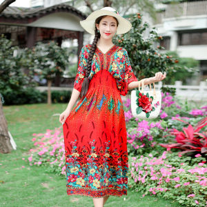 Ethnic Style Noil Poplin Dress Female Fashion Outwear Summer Seaside Vacation Artificial Cotton V-neck Beach Dress Mid Length Long Length