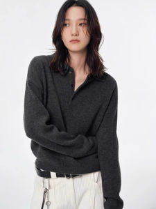 CHOEFULYN | Áo Sweater Polo Knit Màu Xám Retro Cổ Lỏng Chất Lượng
