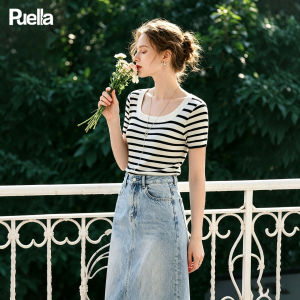 puella | French Design Squared Neckline Slimming Short Sleeve Knit Top