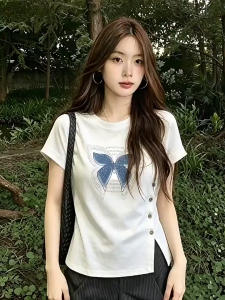 Womens short sleeved summer new print slimming button fashion slit loose casual T-shirt