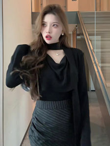 Fashionable Long Sleeve Knitted Sweater with Sash Neck Drape Autumn New Style Womens Slimming Top Elegant Spring Season