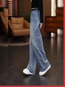 XIANGHOUMINCHU | Glittering Rhinestone Blue Denim Trousers Slim Wide Leg
