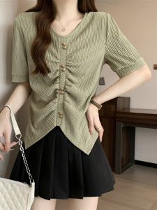 Plus Size Womens Summer Slimming Silm Waist-Tight Elegant Short-Sleeved T-shirt Plus Size Ladies Asymmetrical Western Style Fashion Half Sleeve Tops