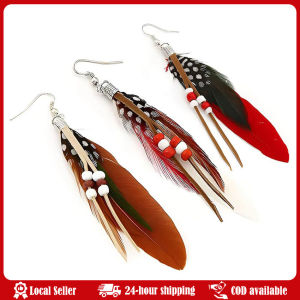 1Pair Tassel Dangling Earrings Colorful Feather Leather Beads Earrings Indian Feathers Summer Womens Fashion Jewelry Earrings Vintage Bohemian Cowgirl Dangle Western Style Jewelry Red Color Long Plume Rice Beads Trendy
