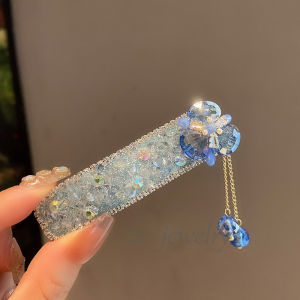 Handmade Blue Sequin Tassel Hair Clip Elegant Chinese Style Waterdrop Hairpin Side Parting Bangs Clip Alloy Embedded Artificial Gem