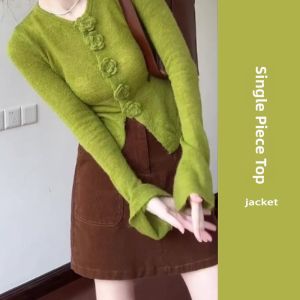 YUEZHONGWEI | Green 3D Floral Long Sleeve Knit Cardigan Fit for Autumn Winter and Early Spring