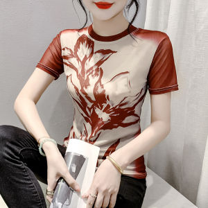 YIMEI Retro printed womens T-shirt short sleeved summer new 2024 round neck Guangzhou mesh top