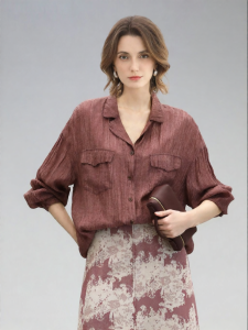 COCOBELLA | Heavy Embellishment Wine Red Pleated Long Sleeve Shirt