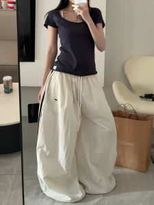 AXEF American Retro Striped Quick Dry Sports Pants Women Summer Versatile Loose Wide Leg Casual Paratrooper Pants