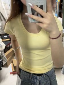 Dopamine Yellow Short Sleeve U-neck Slim Fit Womens T-shirt Sweet And Spicy Girl Waist-cinching Short Length Summer Top