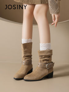 Josiny | Pointed Toe Thick Pile Womens Mid Calf Boots Western Style