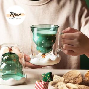 Christmas Tree Double Glass Mug Xmas Gift Coffee Latte Snowflake Cafe Restaurant 网红圣诞树可爱星愿杯子StarWish创意双层玻璃杯家用喝水早餐杯女