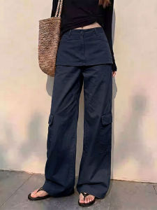 WUQINGWUCAI | Womens Utility Pants Broad Leg Design High Waist Fake Two-Piece Style