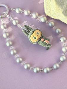 Gray-Blue Pearl Phone Strap with Gray Figurine