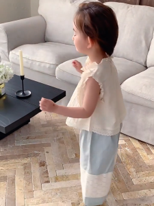 KID FASHION Set Anak Perempuan Lengan Pendek Celana Kulot Bahan Katun Linen Lembut Korean Style Usia 1-4 Tahun