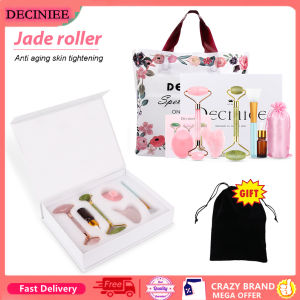 DECINIEE Natural Xiuyu Jade Gua Sha Gift Set Rose Quartz Jade Roller Facial Slimming Face Lifting Jade Stone Massager for Body Neck Face Care