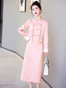 Elegant New Chinese Style Two-Piece Set Womens Spring Fashion High Waist A-Line Dress with Button Detail Long Sleeve Midi Skirt