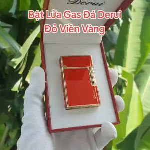 Bật Lửa Gas Đá Derui Đỏ Viền Vàng Hàng Cao Cấp Sơn Mài Phủ Bóng Màu Đỏ Tài Lộc ( Có Hộp - Xài Gas - Tặng Thẻ Bài)