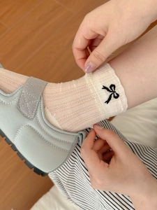 ถุงเท้าผู้หญิงทรงบัลเลต์สีขาวสไตล์ญี่ปุ่น ถุงเท้าคอตตอนแบบบาง ดูดซับเหงื่อ ลายโบว์ ถุงเท้าลำลอง ถุงเท้าฤดูร้อน