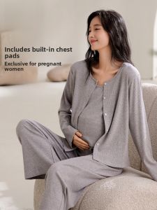MiiOW | Maternity Sleepwear Set Womens Autumn Style With Chest Pad Home Clothes Three-piece Cat Person Postpartum Recovery Suit